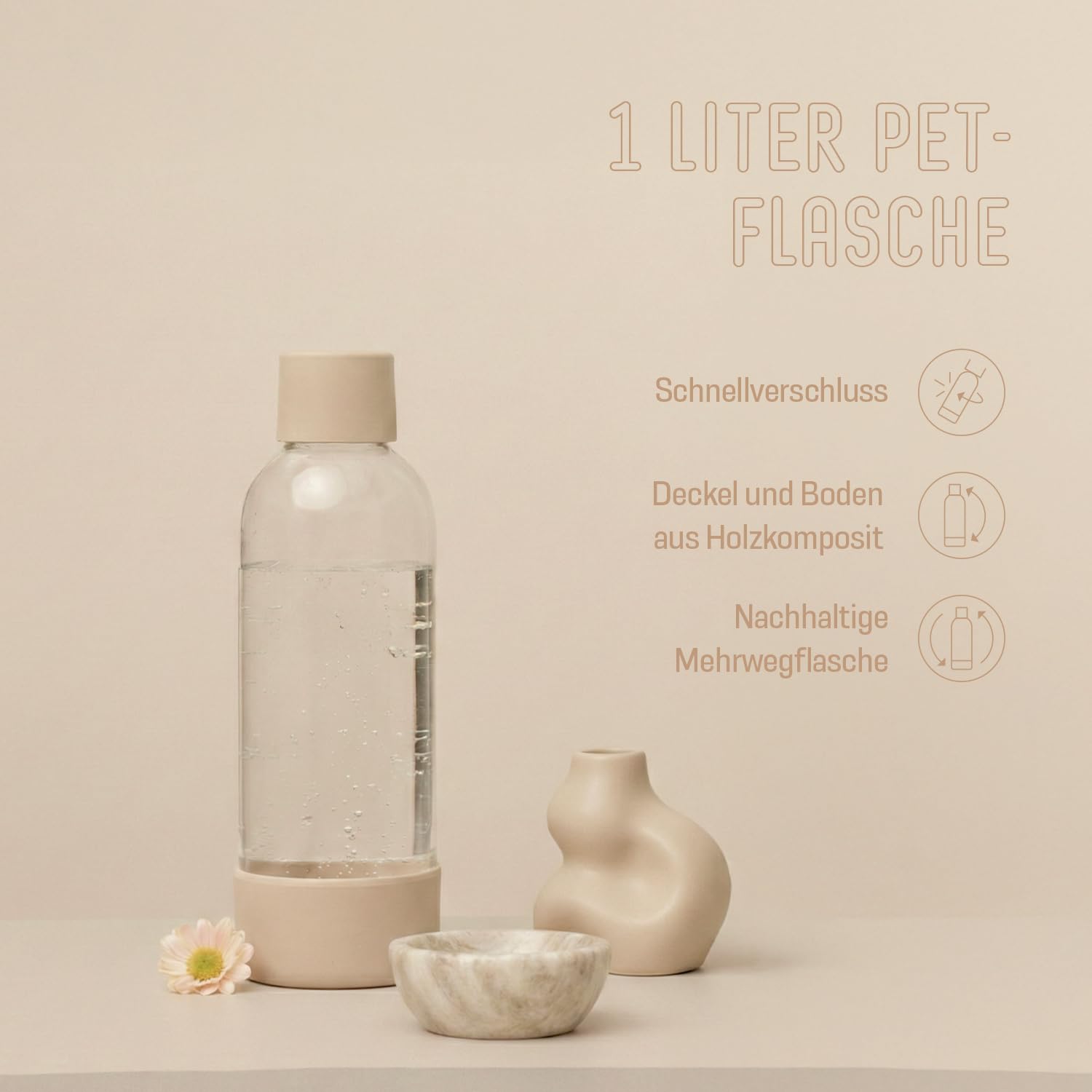 Mysoda: Glassy Wassersprudler aus Holzkomposit mit CO2-Zylinder und 1L Glasflasche & BPA-Frei 1L Plastikflasche - Latte