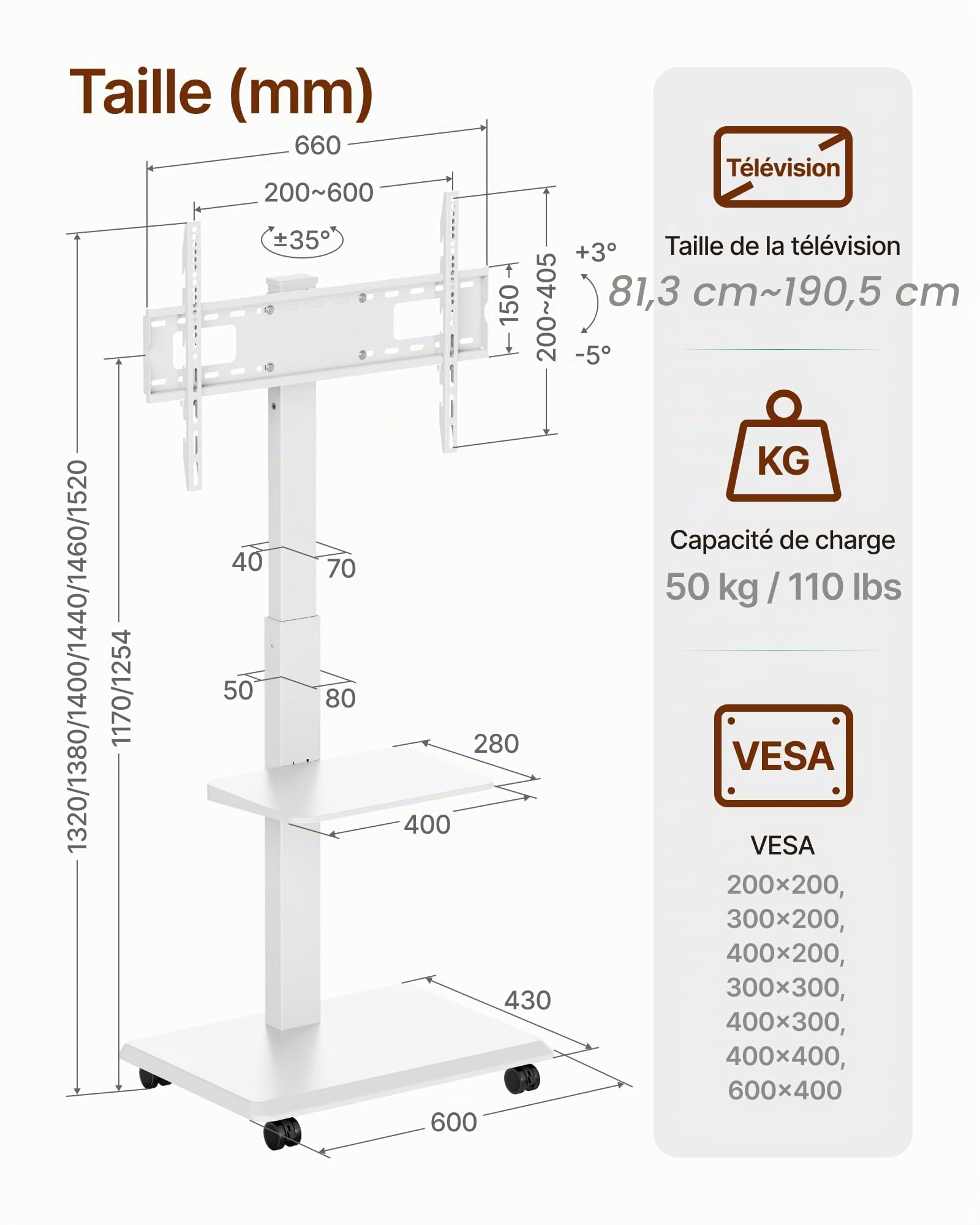 Support TV roulettes pour Téléviseur de 37-75 Pouces jusqu'à 50 kg