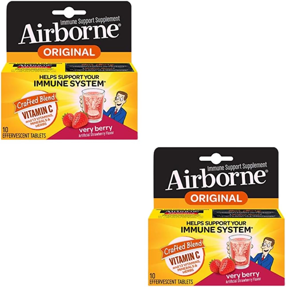  2 Pacotes de Comprimidos Efervescentes Airborne Very Berry, 10 Contagem - 1000mg de Vitamina C para Suporte Imunológico e Saúde diária
