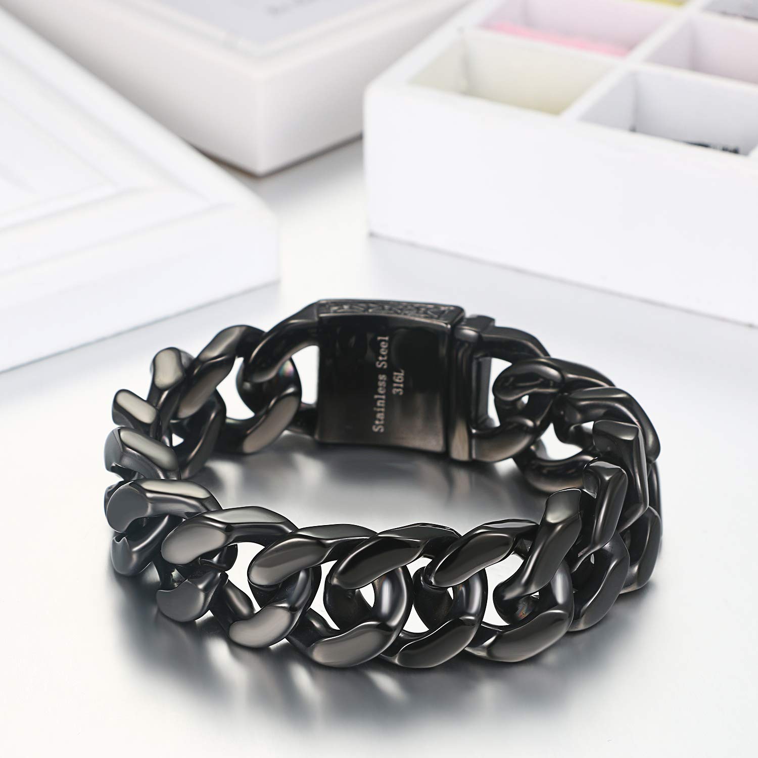 Flongo Pulsera De Acero Inoxidable Para Hombre: Brazalete De Eslabones Negros Estilo Hip Hop - Pulsera De Calavera Estilo Punk Rock Motero