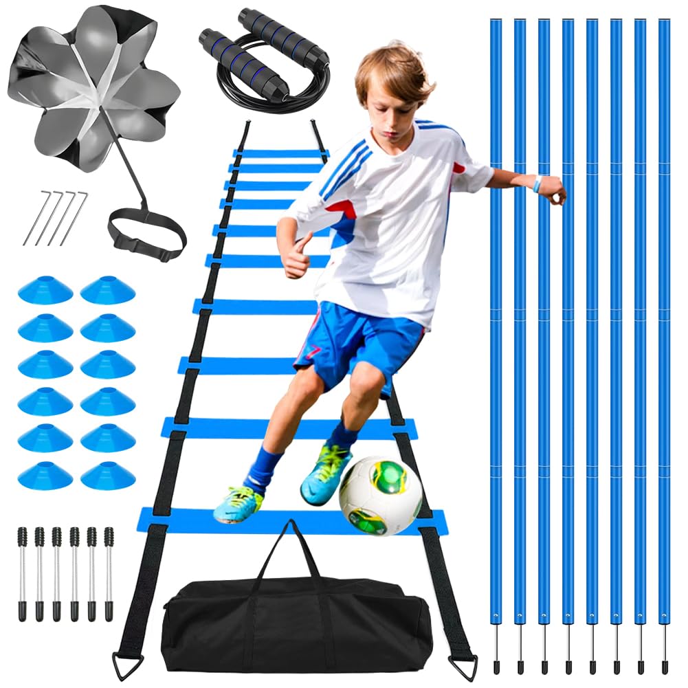 CEWROM Slalomstangen Fussball Trainingszubehör mit 6 Slalom Poles, 12 Hütchen, Koordinationsleiter 6m, Springseil und Resistance Fallschirm, Fußball Trainingsset für Koordinationstraining