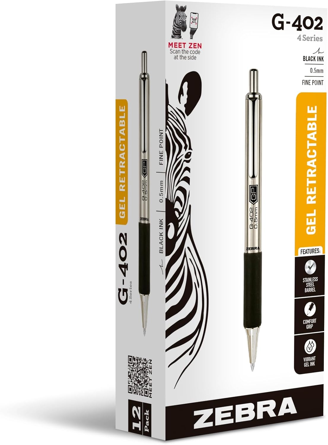 Zebra Pen STEEL G-402 Retractable Gel Pens - 0.5mm Fine Point - Smooth Black Ink - Rapid Dry Ink for No Smears or Smudges - Refillable Stainless Steel Writing Pens for Office, School, 12-Pack (49210)