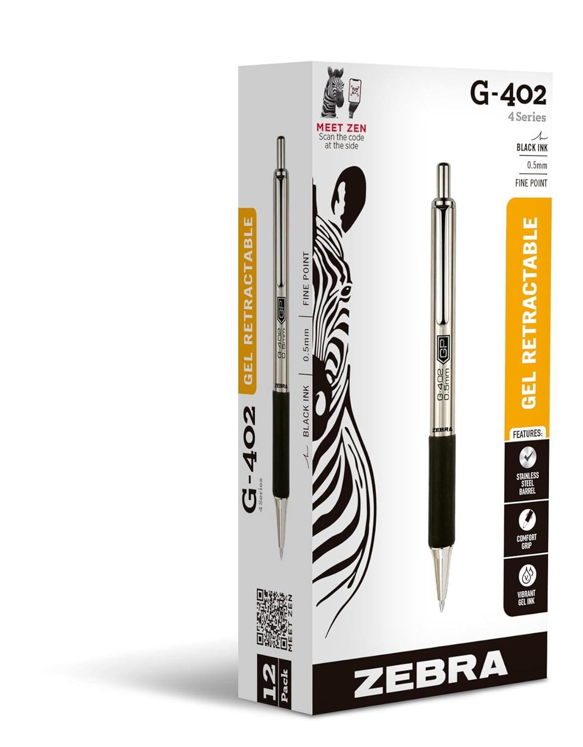 Zebra Pen STEEL G-402 Retractable Gel Pens - 0 5mm Fine Point - Smooth Black Ink - Rapid