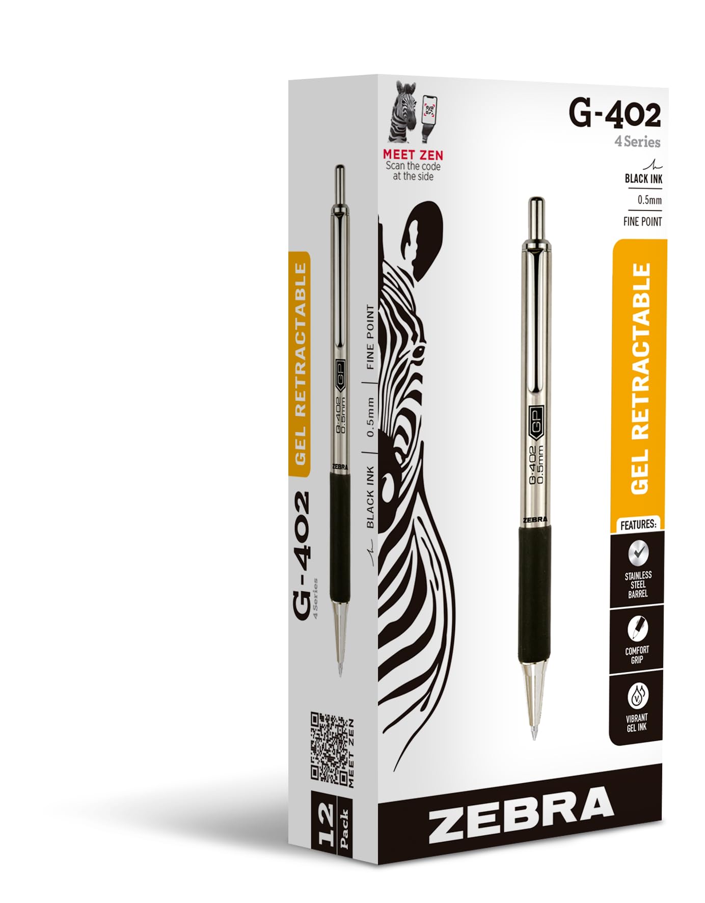 Zebra Pen STEEL G-402 Retractable Gel Pens - 0.5mm Fine Point - Smooth Black Ink - Rapid Dry Ink for No Smears or Smudges - Refillable Stainless Steel Writing Pens for Office, School, 12-Pack (49210)