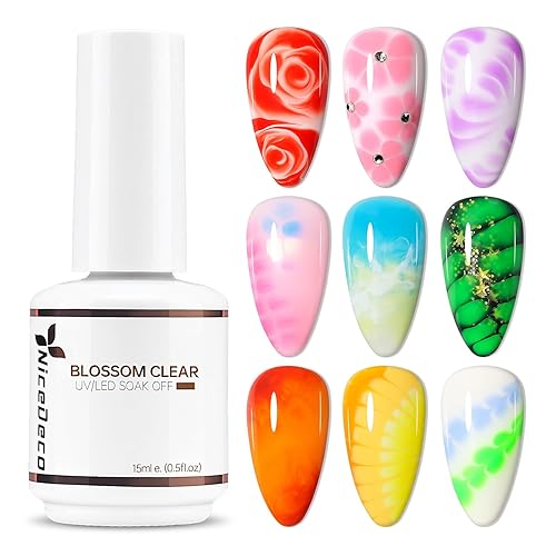 Nicedeco Gel floreciente de uñas sin hema, 0.5 fl oz, sin crueldad, vegano, transparente, para efecto de propagación, estampado floral de acuarela