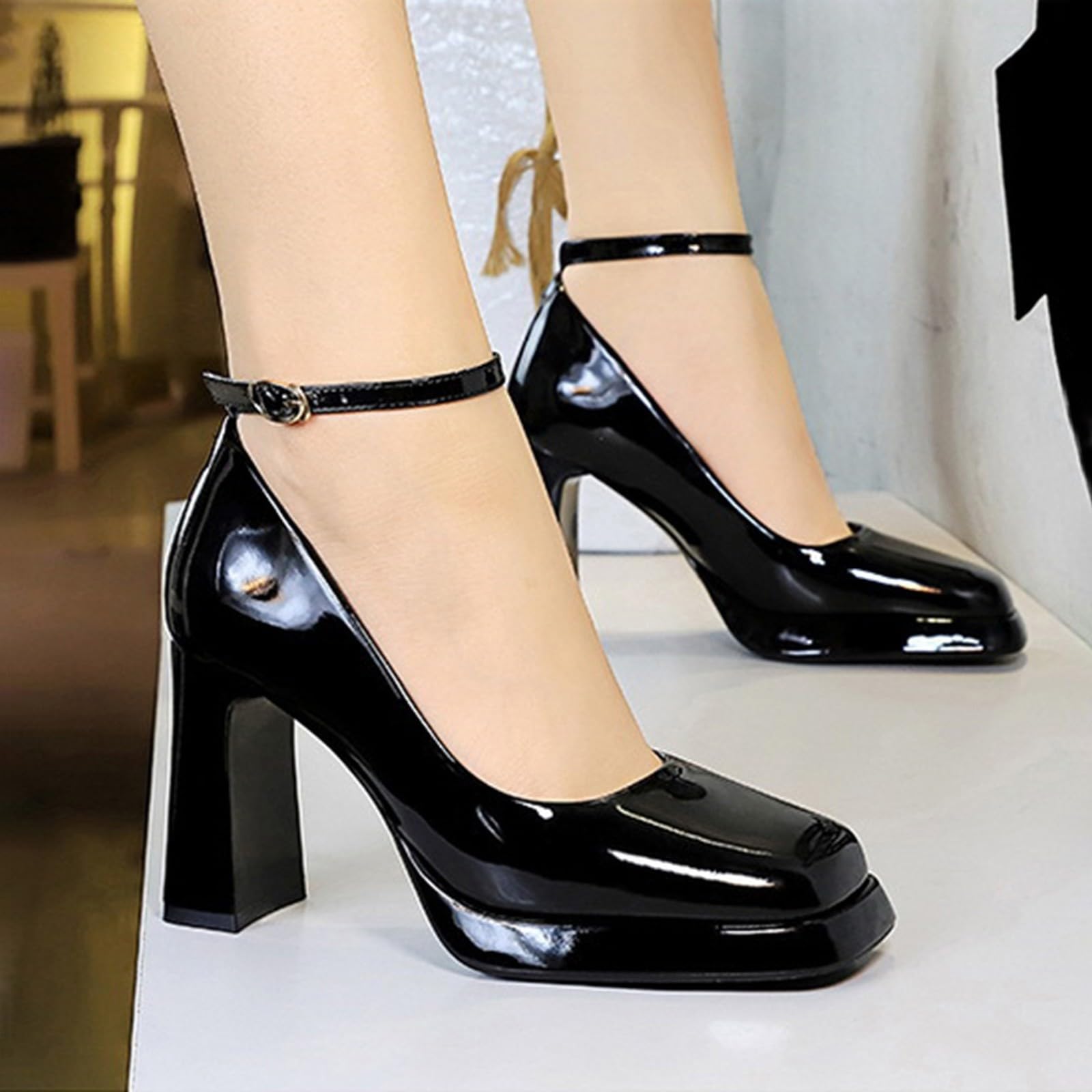 Scarpe da donna eleganti con tacco a blocco, con plateau, in pelle | Chunky Scarpe alte comode da matrimonio, sandali chiusi con tacco, scarpe da sposa per feste di nozze