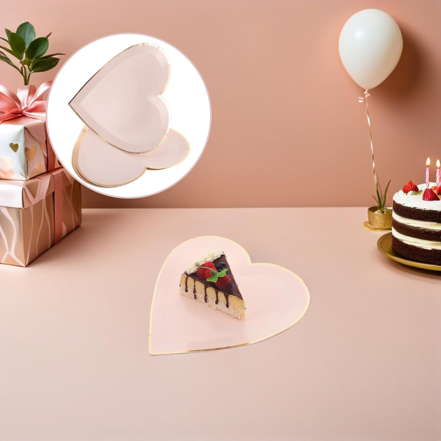 VICASKY 24pcs Heart-shaped Paper Dessert Plates, 9-inch Food Serving Cake Plates in Light Pink for Valentine’s Day Wedding Birthday Party Supplies