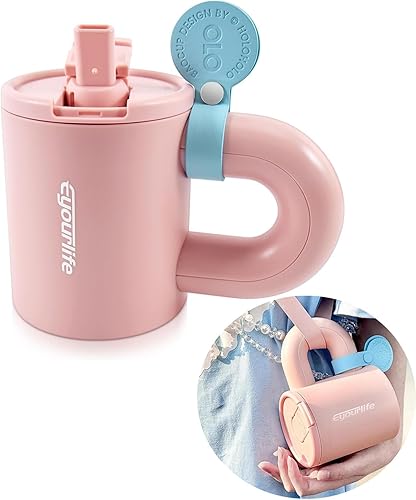 Taza de viaje en forma de bolso, taza de campamento, vaso de café caliente y frío, vaso de café con popote y tapa para bebidas calientes y frías,