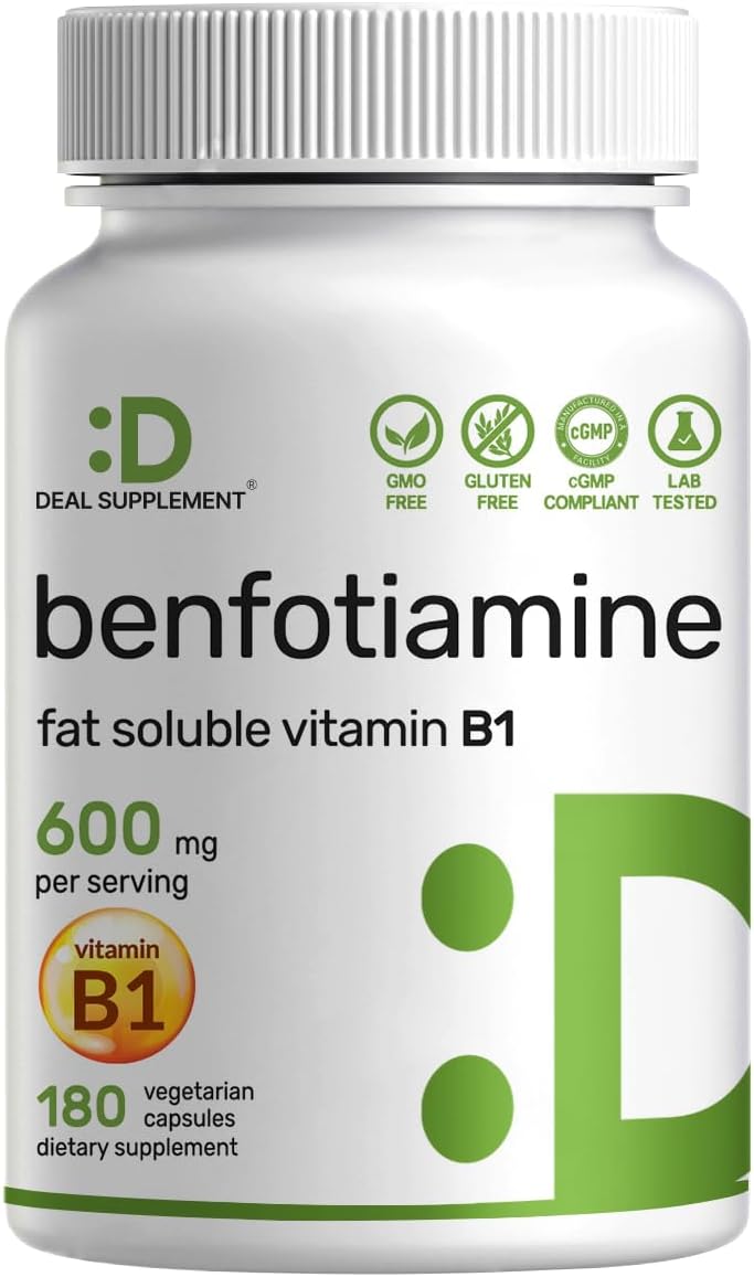 Benfotiamine 600mg Per Serving, 180 Veggie Capsules (300mg Per Cap) – Fat Soluble Vitamin B1 Thiamine Supplement – 3rd Party Tested, Vegan, Non-GMO, Gluten Free