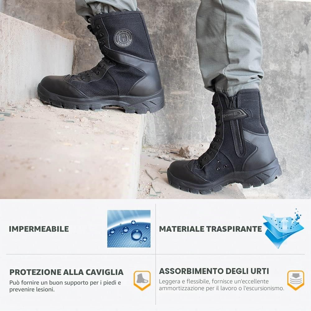 Uomo Stivali da Combattimento Stivali Tattici Militari Leggeri Scarponi della Polizia di Pattuglia con Cerniera Laterale Modello 307B-37EU