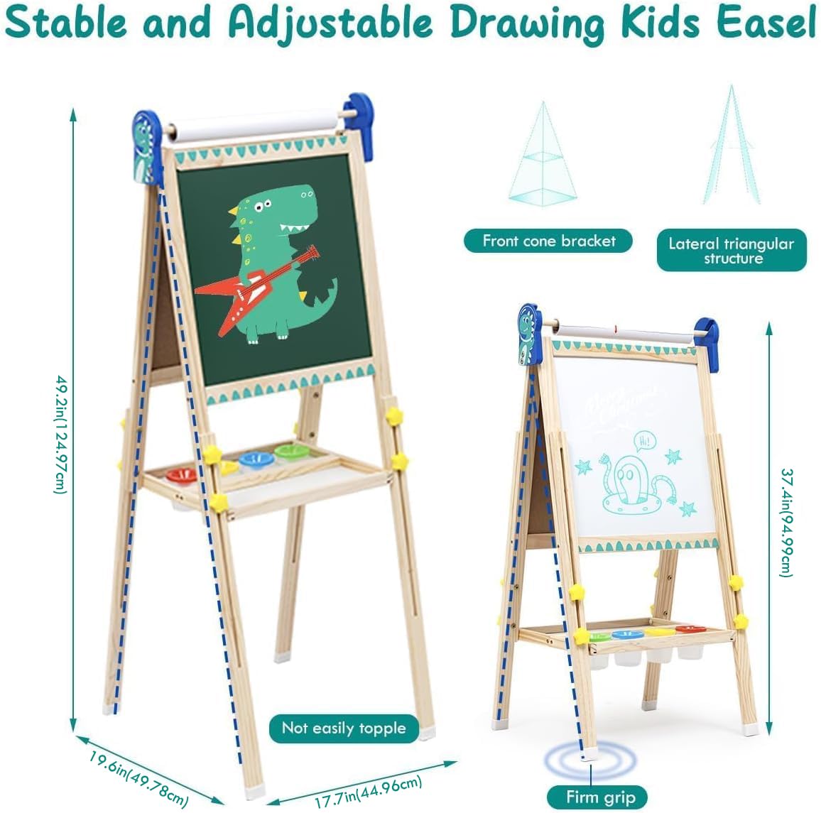 Cavalletto per Bambini a Doppia Faccia in Legno Lavagna Bianca in Legno Cavalletto in Altezza Regolabile con Carta Adesivi Accessori Vassoio di Stoccaggio per Bambini 3+ Anni Regalo