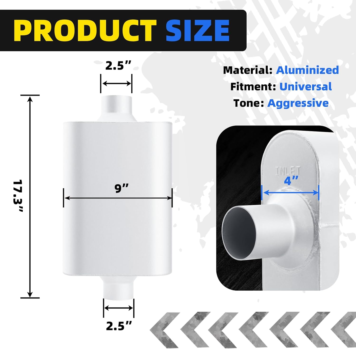 Universal Mufflers Single Chamber 2.5" Inlet 2.5" Outlet 17.3" Overall Length, Aluminized Steel Performance Muffler for Cars, Trucks