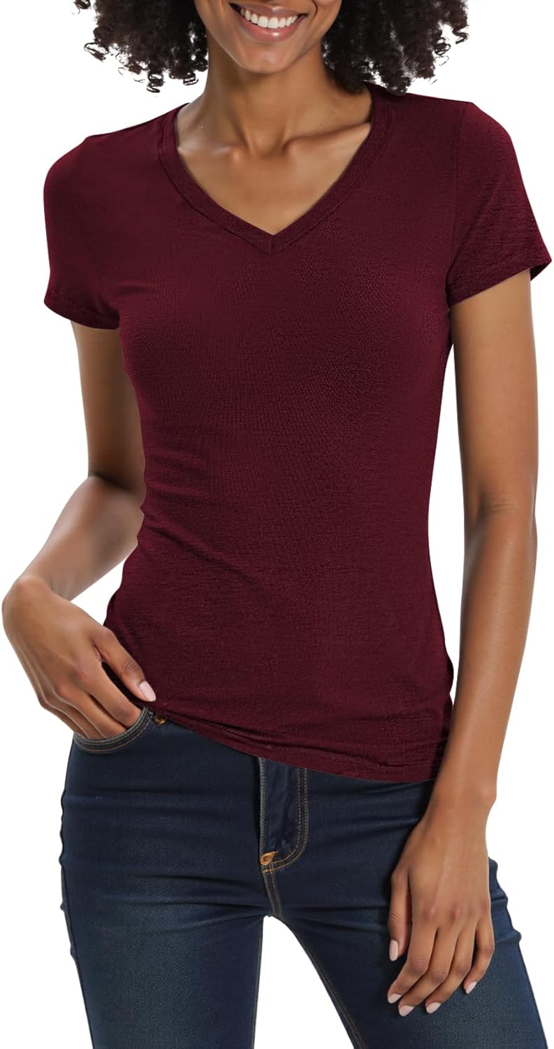 Urban CoCo Women's Basic Slim Fitted Tee Tops Short Sleeve Stretchy Bodycon V-Neck Tight T-Shirt