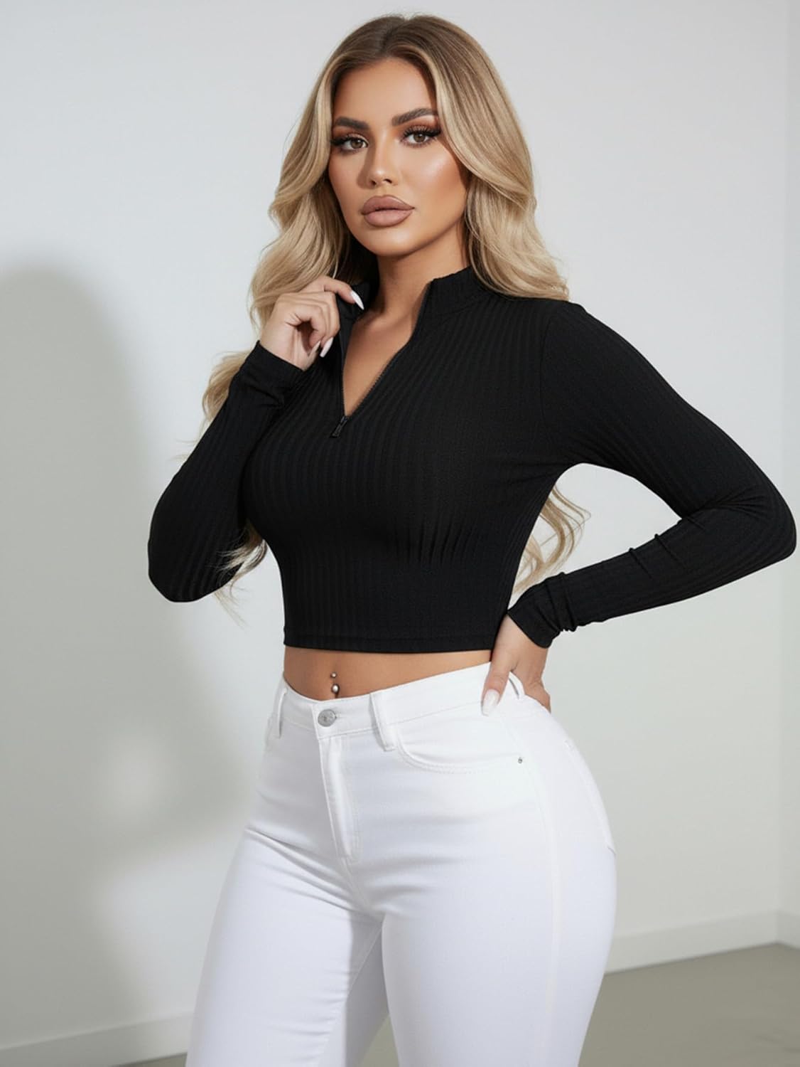 Women's Long Sleeve Crop Tops Fall Half Zip Mock Neck Ribbed Knit Dressy Casual T Shirts - Image 3