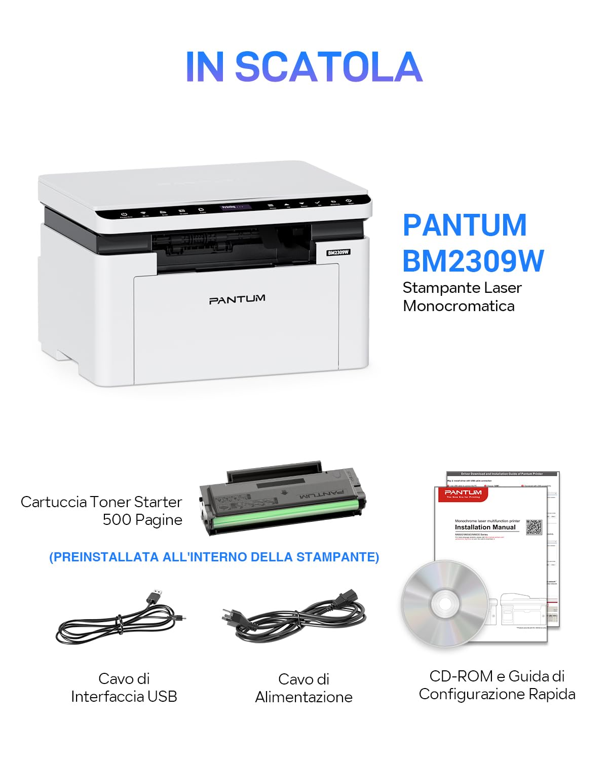 PANTUM BM2309W Stampante Laser Multifunzione WIFI Bianco e Nero, 20 ppm, Bluetooth, USB 2.0, Stampa, Copia e Scansione