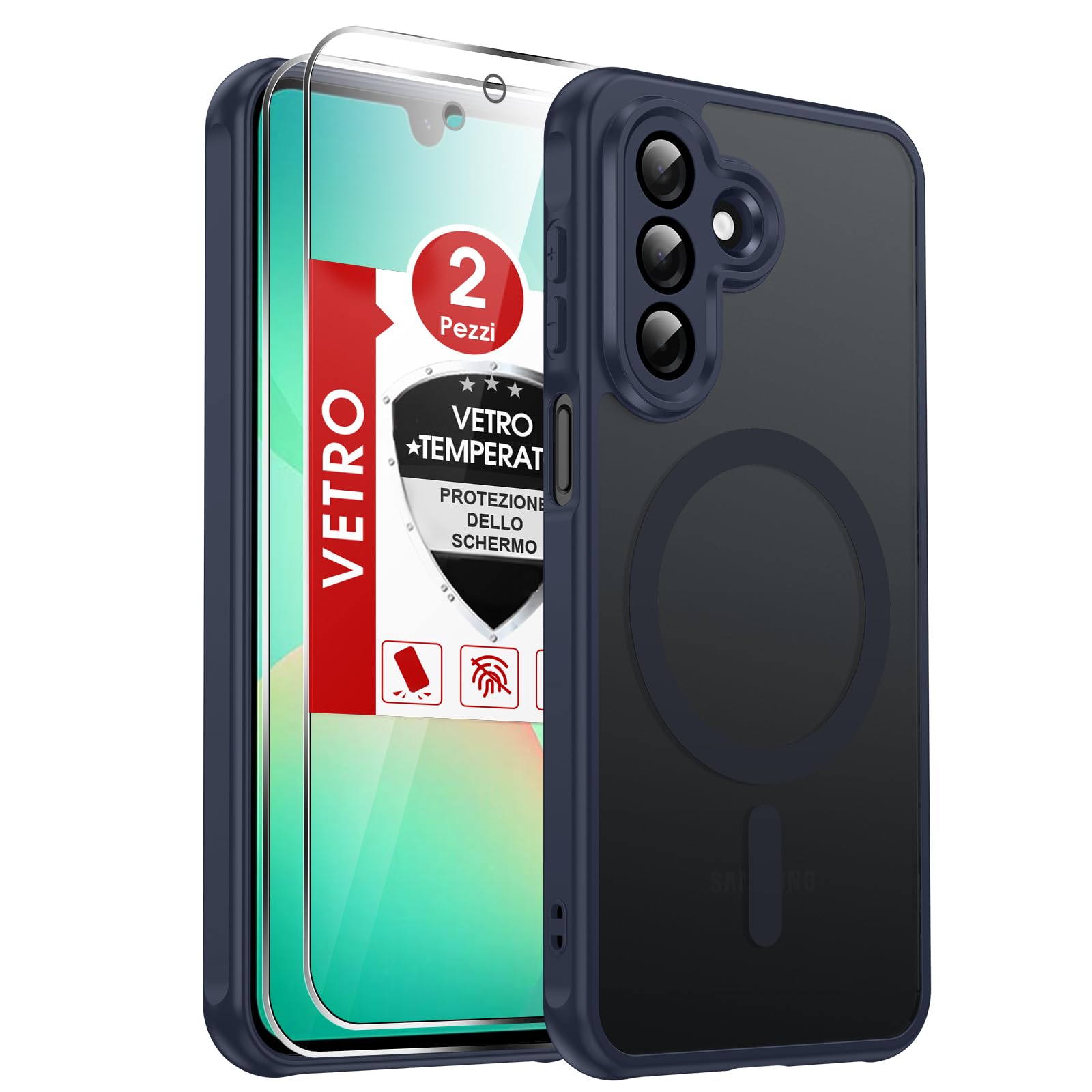 LeYi Cover Magnetica per Samsung Galaxy A27 5G con Vetro Temperato(Blu) | Custodia per Samsung A 27 Traslucida Opaca Anti-Impronte Resistente Antigraffi TPU Bumper Antiurto Protettiva Case