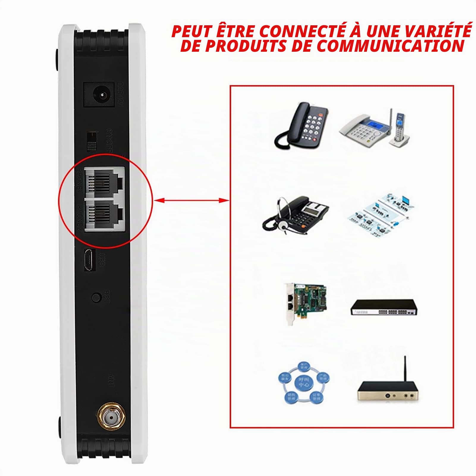 GSM passerelle analogique, terminal sans fil, module GSM Quadband 850/900/1800/1900 MHz, support de réception de téléphone fixe, réveil, boîte d'enregistrement (prise UE)
