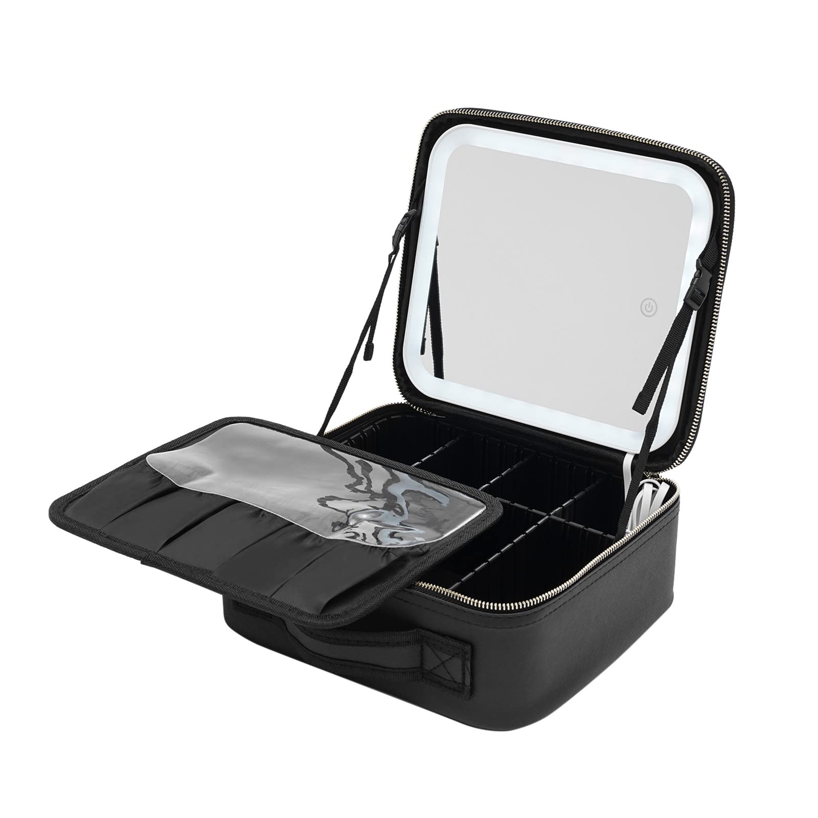 Make-up Tasche mit LED Spiegel, Reise Kosmetiktasche mit 3 Farben Helligkeit Einstellbarer, Schminktasche mit 7 Verstellbaren Trennwänden und Makeup Pinsel Aufbewahrungstasche (Schwarz)