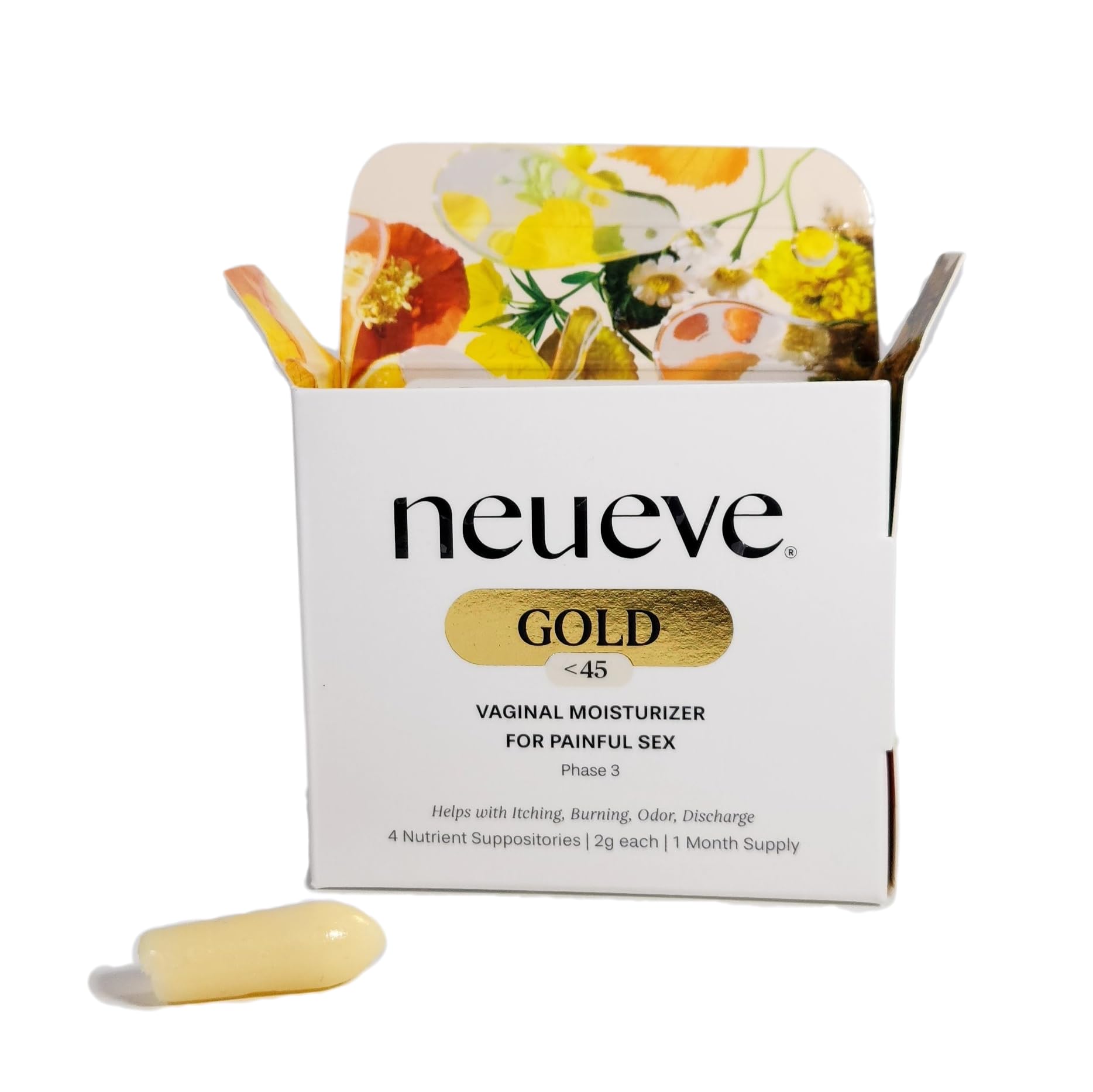 NeuEve Gold Age <45 Vaginal Suppositories for Menopause Relief, Vaginal Dryness, Irritation & Itching, All-Natural Ingredients, Phase 3 | 6 Count | 1-Month Supply
