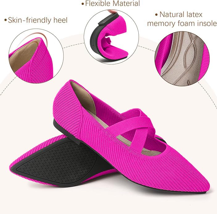 Image of TINGRISE Womens Mary Jane Flats Knit Ballet Flats for Women Pointed Toe Dressy Comfortable Slip-On Flats Shoes for Work Casual