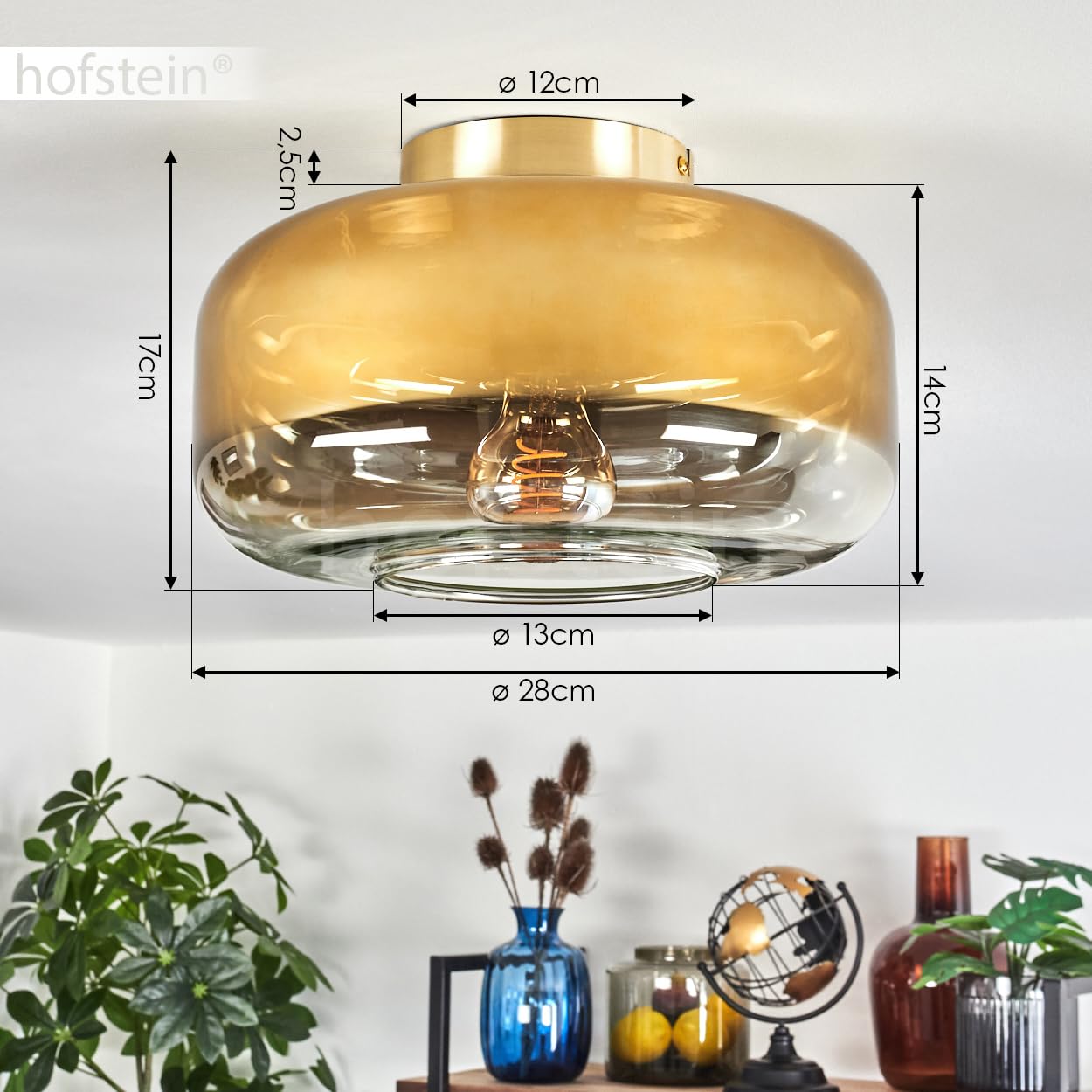 HOFSTEIN Deckenleuchte Boza, Deckenlampe aus Metall/Glas in Messing-/Goldfarben/Klar, moderne Leuchte im Retro/Vintage-Design (Ø Schirm 28 cm), E27, Schlafzimmer, Wohnzimmer, Küche, Esszimmer