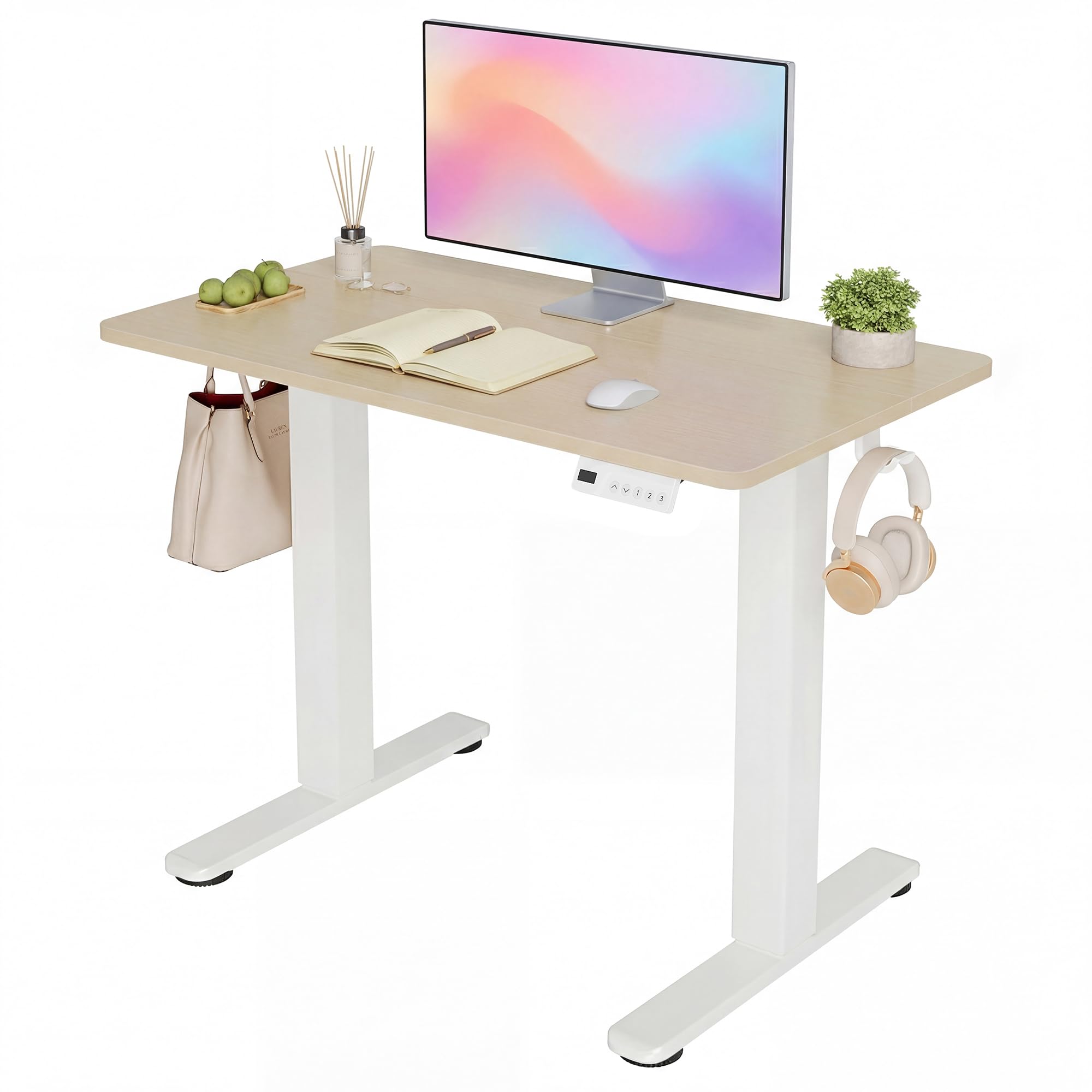 Claiks 昇降デスク 小さめ 電動 スタンディングデスク 昇降式 テーブル 幅80cm*奥行き48cm 小部屋対策 在宅ワーク パソコンデスク テレワーク オフィスデスク 高さ調節 メモリー機能 コンパクト ホワイトフレーム/ナチュラル天板
