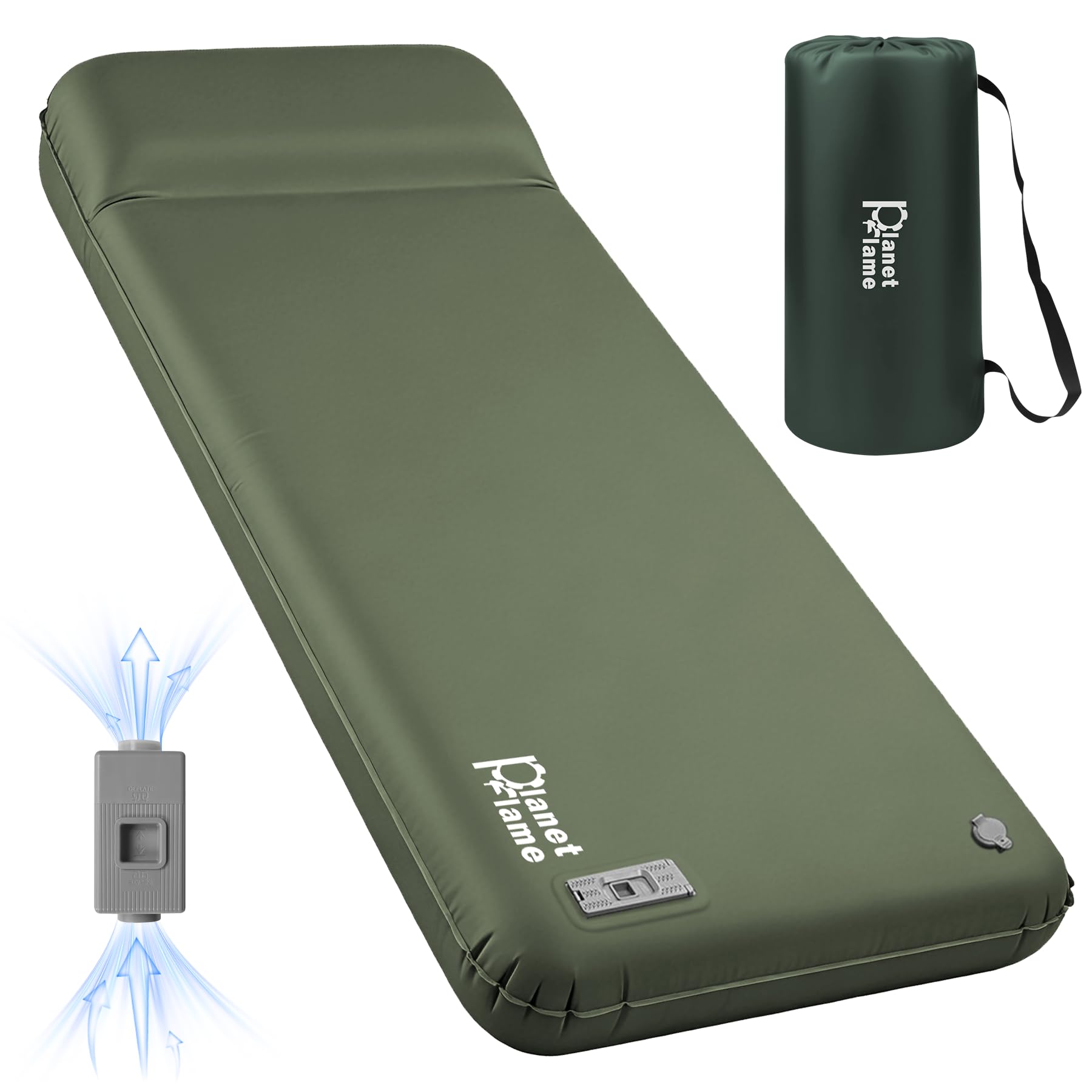 PlanetFlame Self-Inflating Camping Mattress with Electric Pump | 3.15" Thick Foam Sleeping Pad, 40s Quick Inflation, 9.5 R-Value | All-Season Sleeping Mats with Pillow for Travel/Car/Tent/Home
