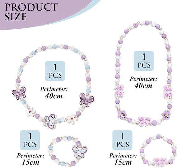 2 Pieces of Necklaces for Girls and 2 Pieces of Bracelets for Girls, Beaded Jewelry, Butterfly Element Jewelry, Cute Children's Jewelry