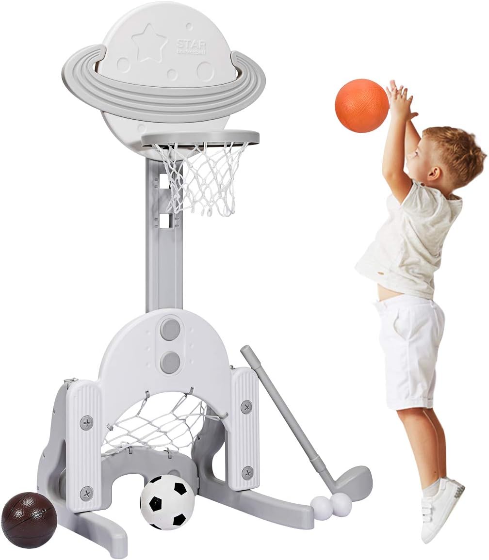 Costzon Kids Basketball Hoop, Toddler Sports Activity Center with 5 Adjustable Height Levels, Basketball Soccer Golf Game Set, Indoor Outdoor Basketball Hoop Set Best Gift for Baby Infant