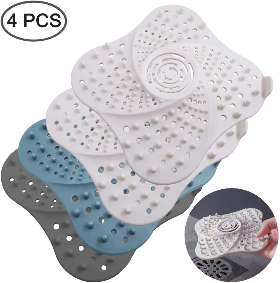 4 Pcs Shower Drain Covers with Stickers, AIFUDA Rubber Sink Strainer Drain Protector Hair Catcher for Kitchen and Bathroom