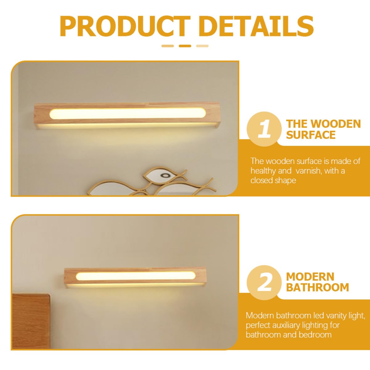 LED Spiegel Wandleuchte aus Massivholz, Modern, für Bad und Waschtisch | LED Chips, Schlichte Form, Wandmontage über Spiegel, Geeignet für Schlafzimmer und Klinikbetten