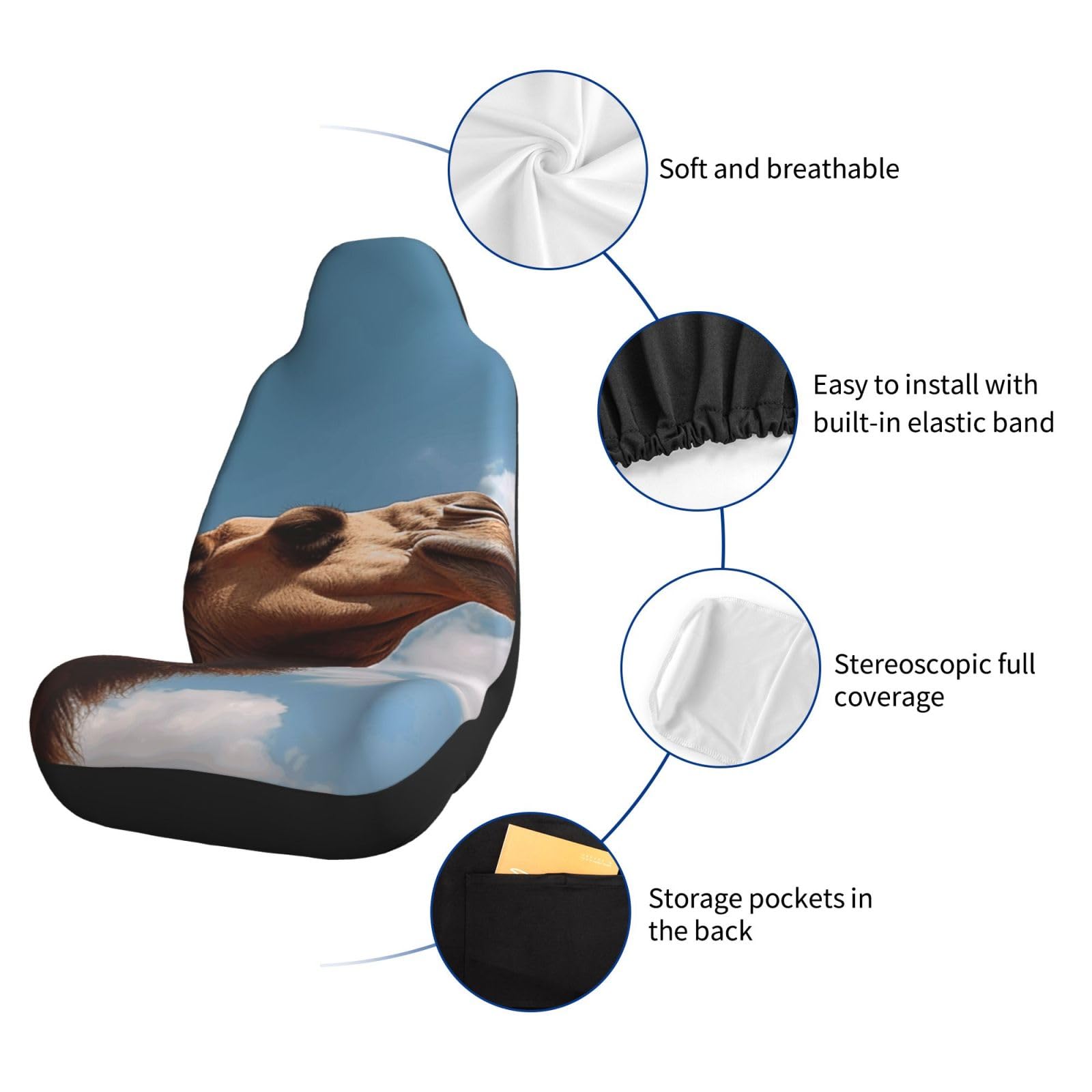 Autositzbezüge, 2 Stück, Camel mit Blick auf den Himmel, Sitzbezüge für Vordersitze, Universal-Sitzschoner, Autositzmatte mit Gummiband, Autozubehör, 2 Stück