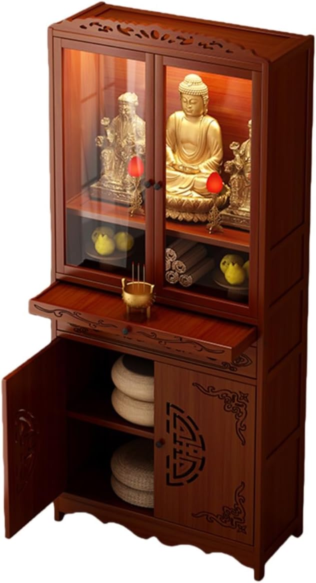 Bamboo Altar Cabinet Temple Altar Table Chinese Buddhist Cabinet Altar Table with Double Door Storage Buddhist Shrine Prayer Stand with Storage Drawer Offering Rack for Home Decor(20.87x12.99x66.93in)
