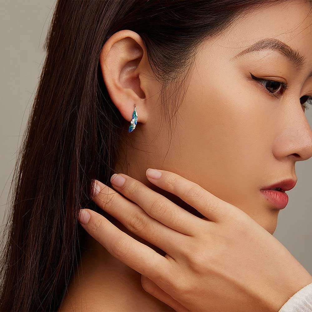 Juego de joyas de plata de ley 925 con diseño de plumas bohemias, esmalte azul, anillo de plumas y aretes de plumas para mujer