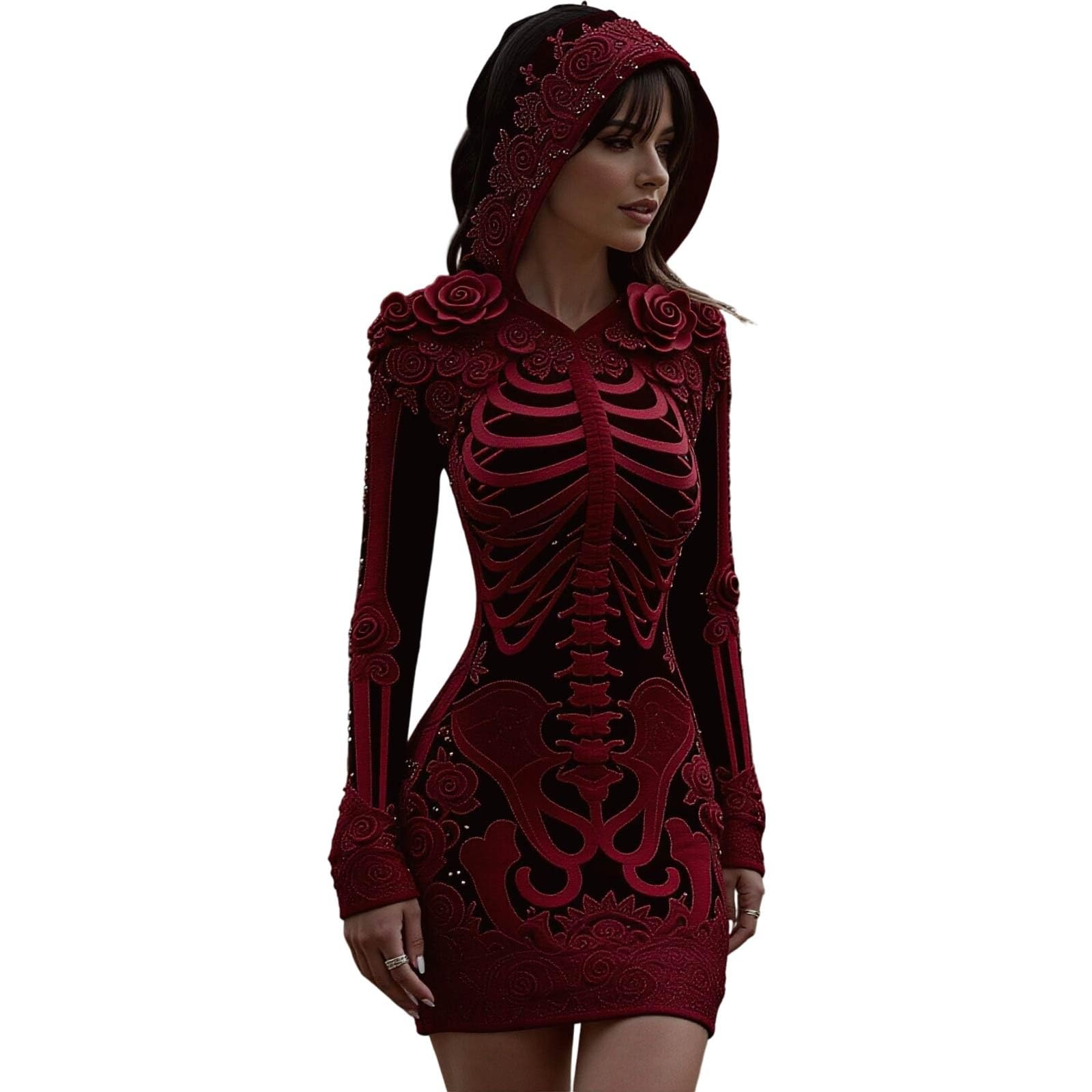 Halloween Dresses for Women UK Ladies Skeleton Print Maxi Dress Long Sleeve Halloween Costume Gothic Fancy Dress Costume Spooky Skeleton Printed A Line Long Gown Hooded Cape for Themed Party