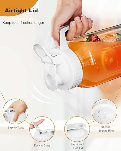 Miniatura 4 de Jarra de vidrio de 64 onzas, jarra de tarro Mason de 2 cuartos con tapa y boquilla, boca ancha, hermética, a prueba de fugas, jarra de agua de