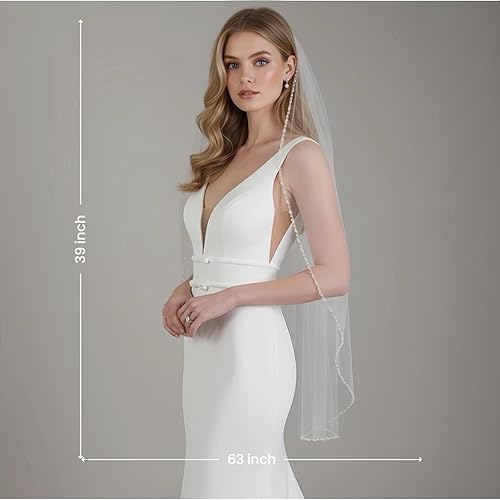 Miniatura 3 de Velo de novia Perlas y Cristales con Cuentas Borde 1 Nivel Dedo Longitud Velo de Novia