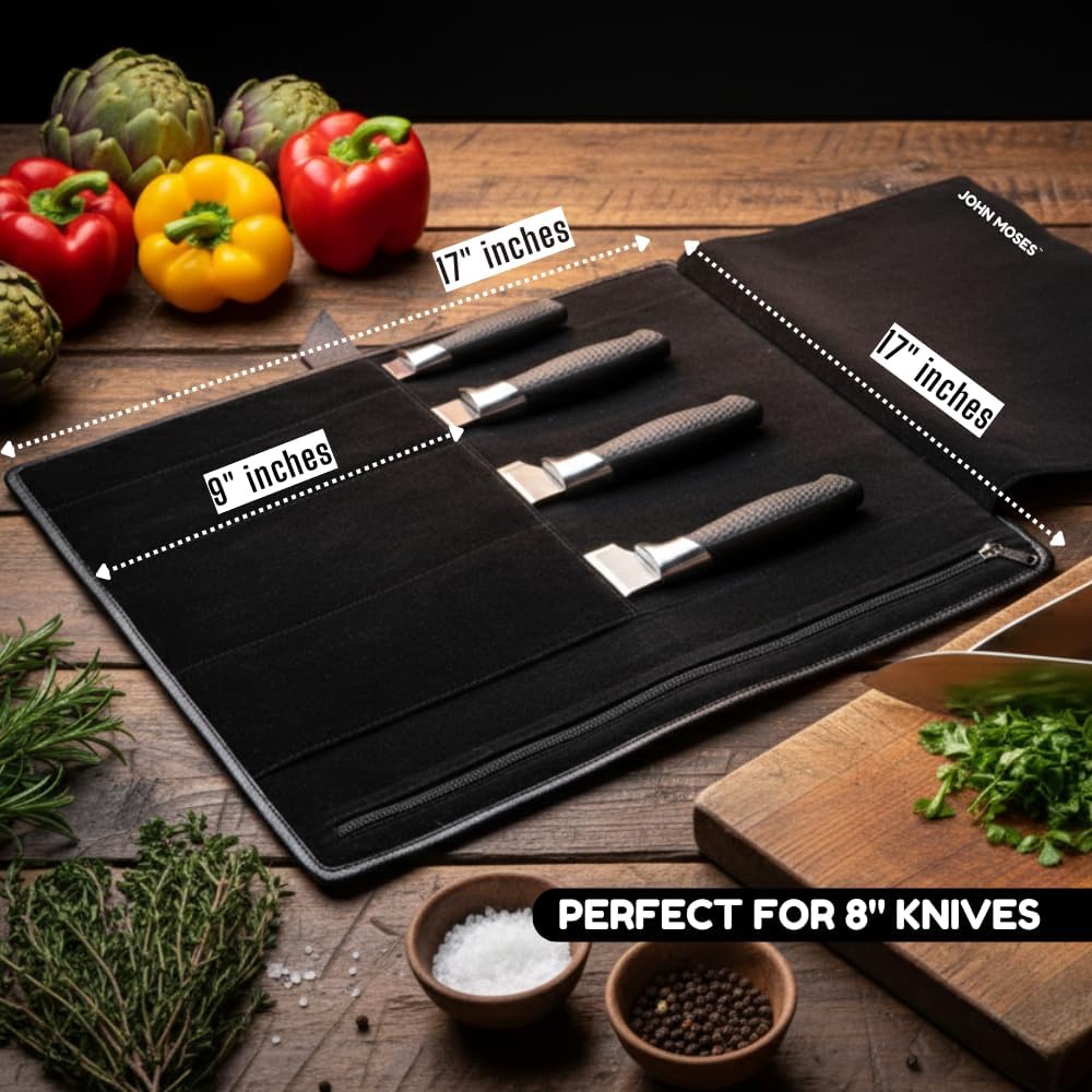 Leather Knife Roll Bag Professional Chef Knife Case, Cooks & Culinary Tools Carrying Storage, Durable Knife Sheath Holder, Portable Knife Wrap - 4 Slots