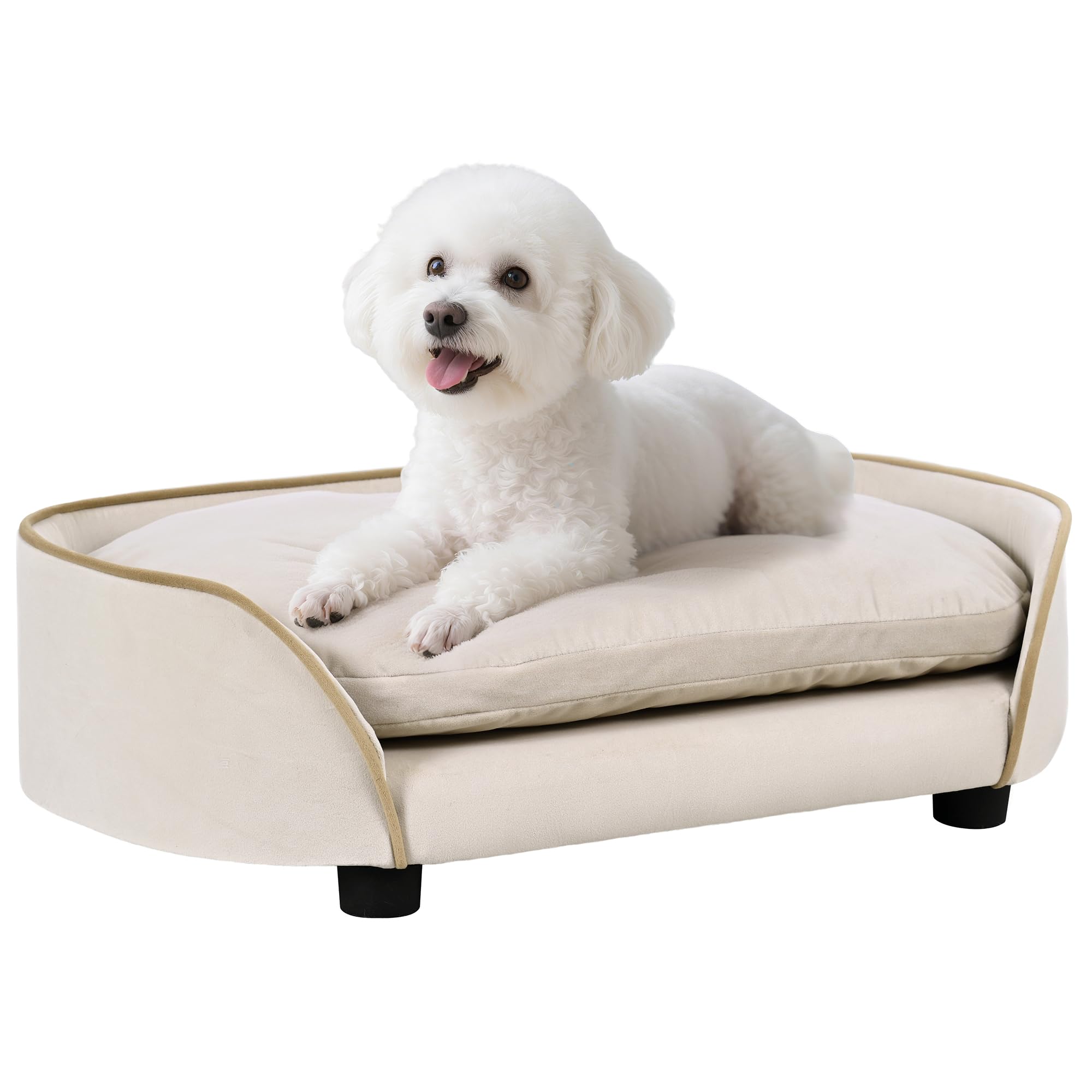 PawHut Canapé pour Chien, canapé pour Animal de Compagnie avec Coussin Amovible et Housse Lavable, en Velours, 66 x 43 x 19,5 cm, Beige