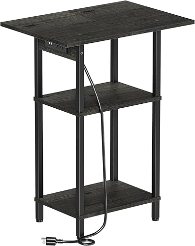 Miniatura 9 de Mesa auxiliar alta con estación de carga, mesita de noche delgada con puertos USB y tomacorrientes, mesa auxiliar estrecha de 3 niveles con