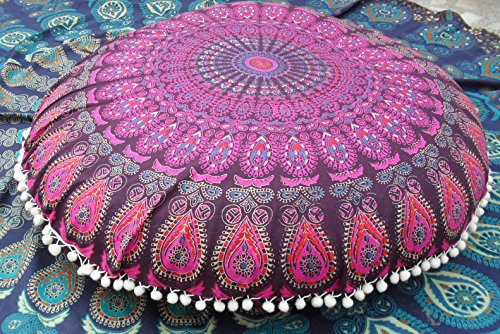 Redondas Mandala de suelo cojines, fundas de almohada decorativa Throw 32 ", india Puf, Boho otomana, Pompón del amortiguador de la cubierta al aire libre, Boho Almohada Shams Cover