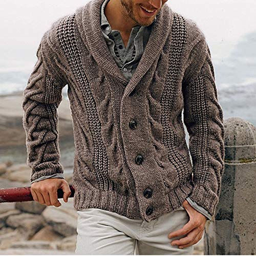 Men's Shawl Collar Cardigan Single Breasted Sweater Fashion Knit Plus Size Cable Knit Coat Winter Chunky Clothes, Brown, XX-Large