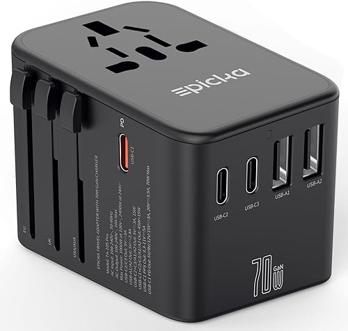 EPICKA Adaptador de viaje universal, adaptador de enchufe internacional GaN con 3 USB-C 70 W PD carga rápida y 2 adaptadores USB-A cargador de pared