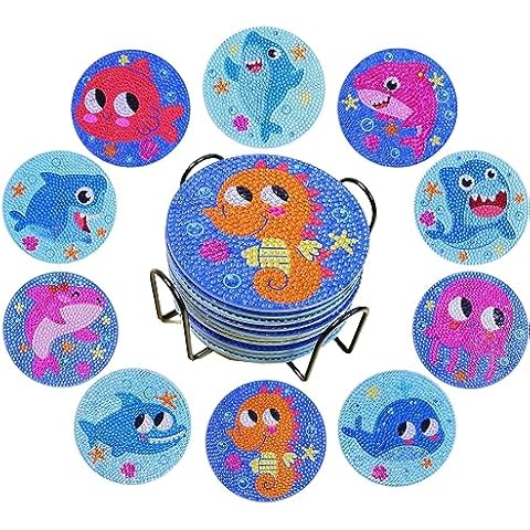 Vukayo Diamond Coasters, Diamond Painting Coasters with Holder, Diamond Coasters Art Kits for Beginners, Kids,Adults Small Diamond Painting Craft Supplies (Marine Animals 10 pcs) Cover