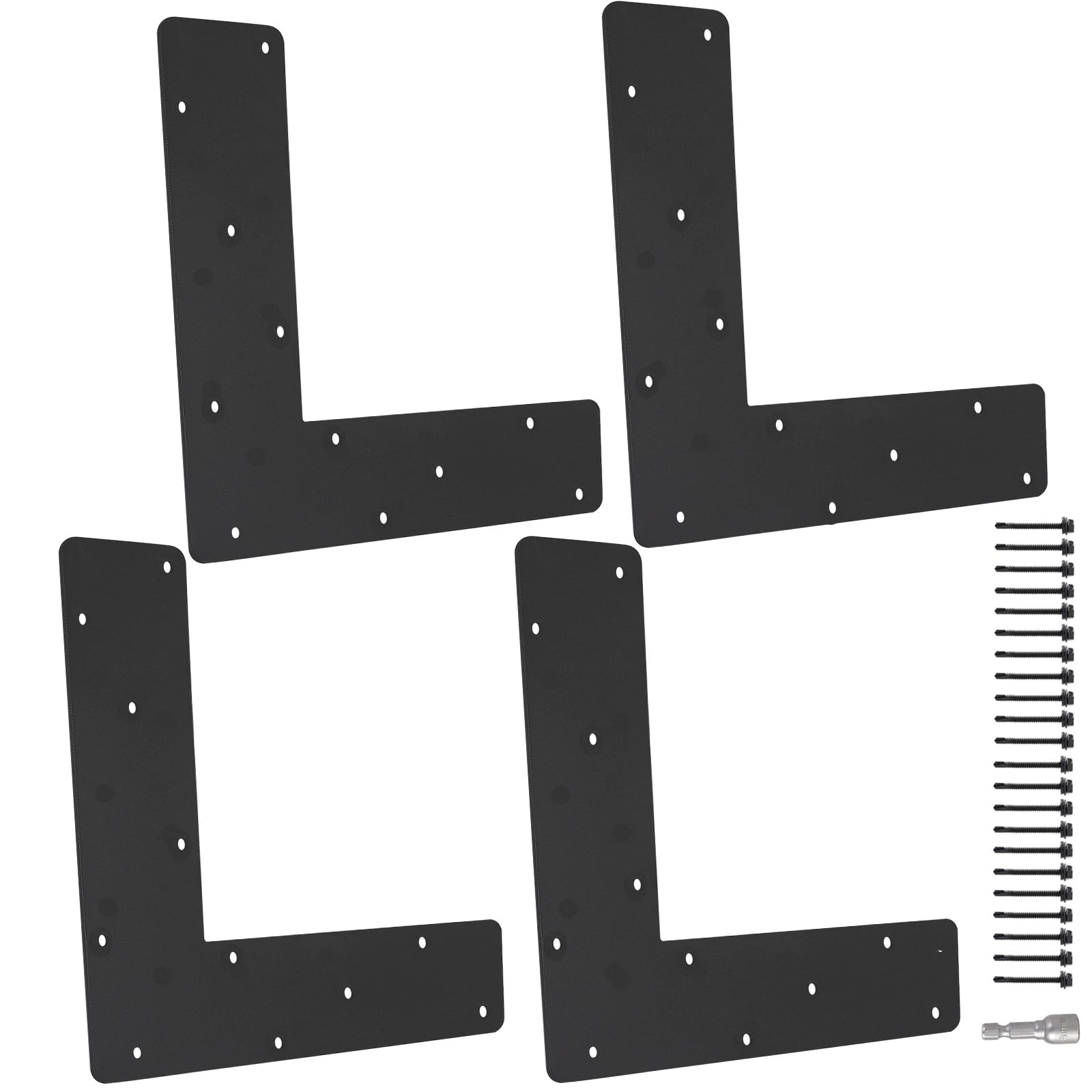 4 Stück L-förmige flache Halterungen, 30 x 30 cm, Reparaturplatte mit schwarzen, pulverbeschichteten rechtwinkligen Halterungen, Eckwinkel, L-förmige Platte mit Schrauben für Reparatur, Haus, Möbel,