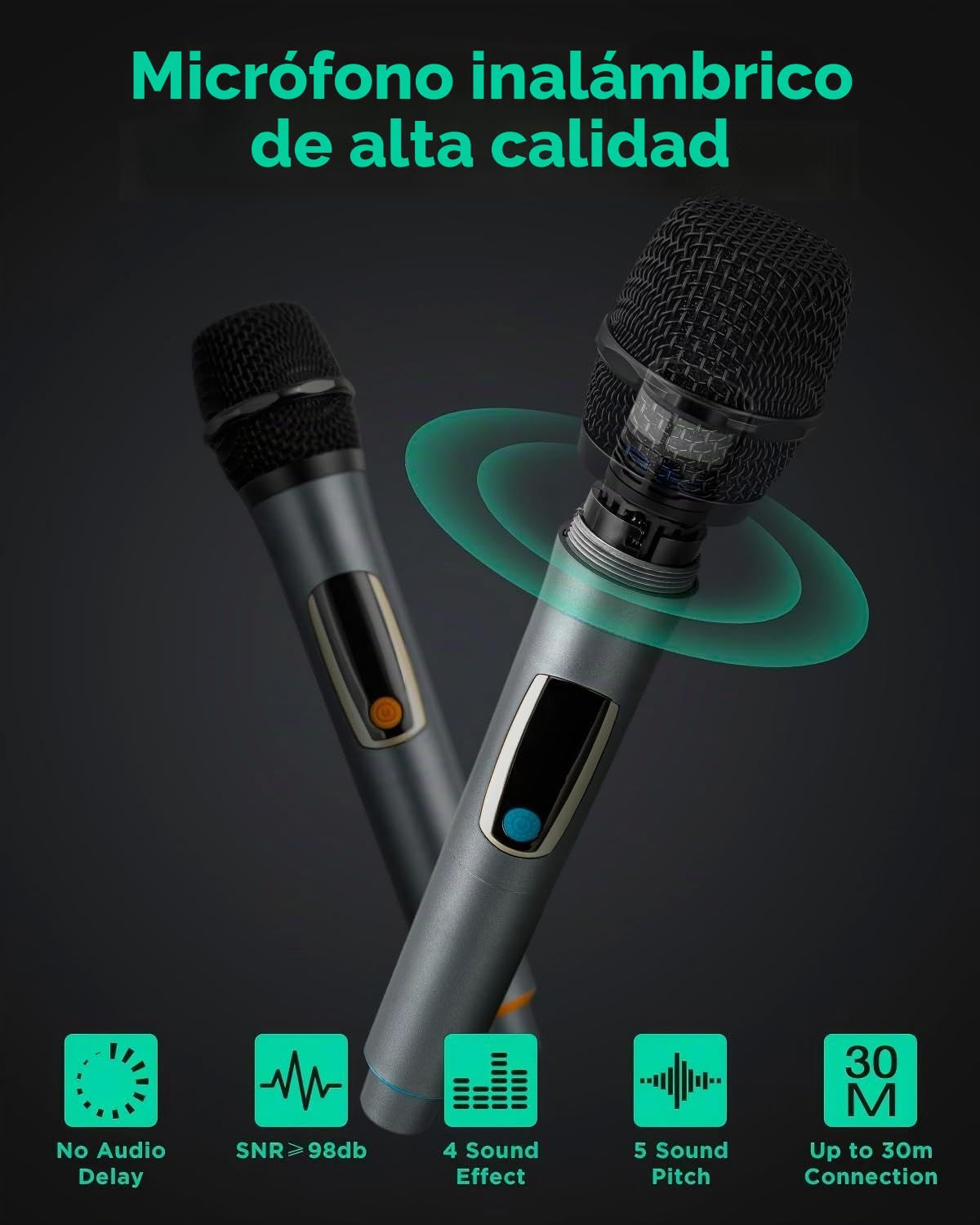 DSP Altavoz Karaoke Portátil, 2 Micrófonos Inalámbricos, Sistema PA 10", Auriculares incluidos, Luz de Fiesta DJ/Efectos de Sonido/Bluetooth/Luces DJ/FM/USB-C GTSK10-1
