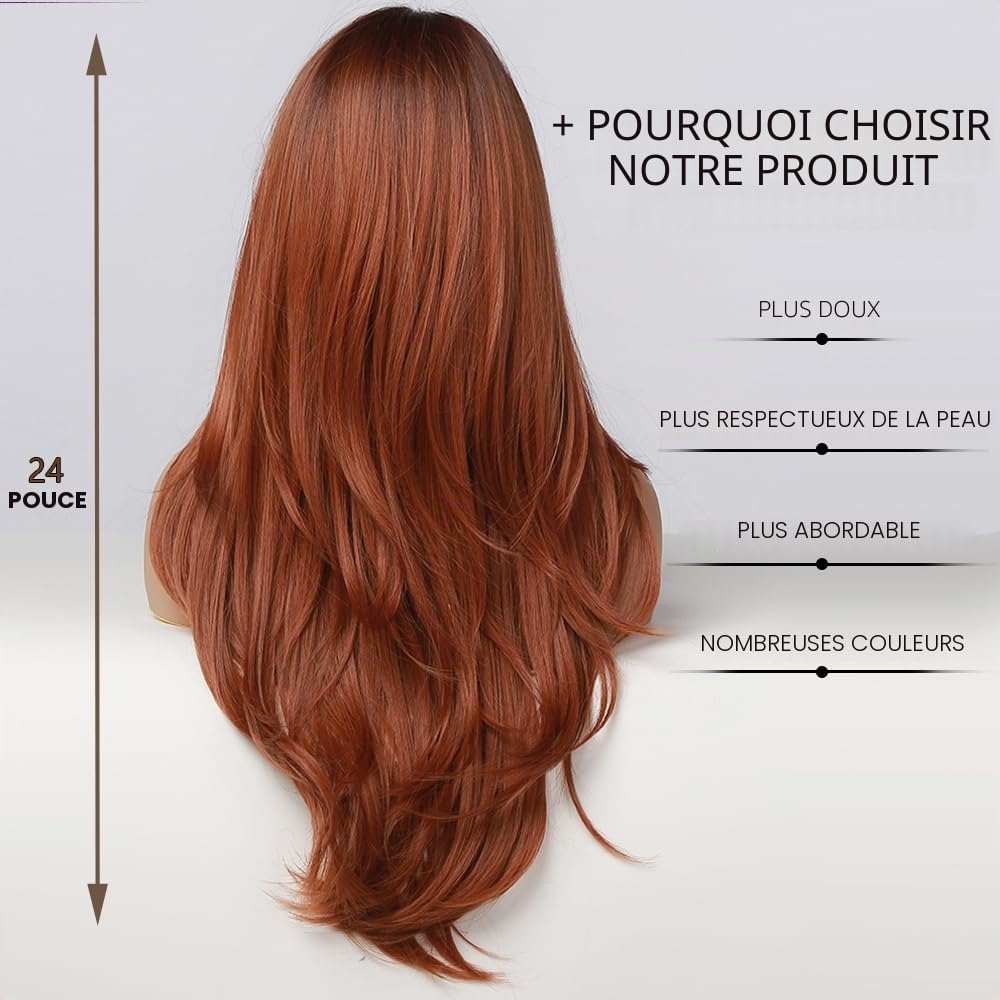 Esmee Perruque Auburn pour Femmes de 24 Pouces avec Frange, Longue Verticale Naturelle, avec racines foncées, Perruque Synthétique Résistante à la Chaleur