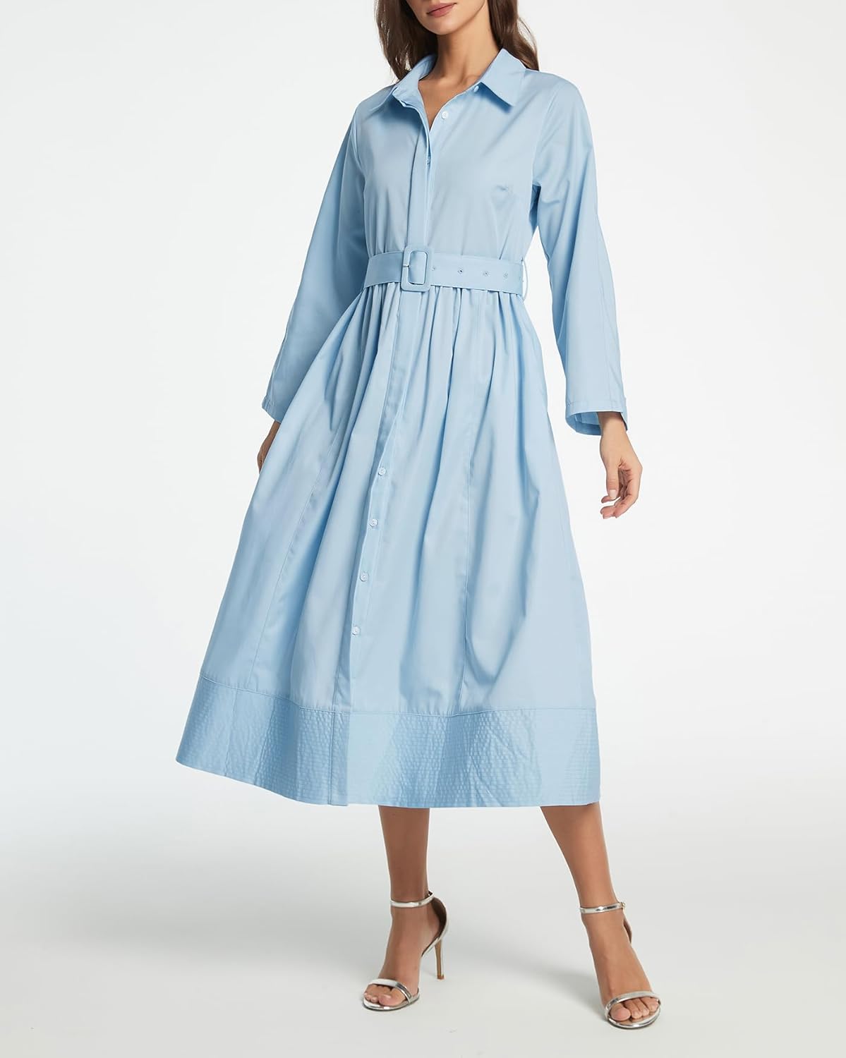 Kedera Women Casual Button Down Shirt Dress Solid Color Fall Long Sleeve Business Elegant Maxi Midi Dresses with Belt - Image 3