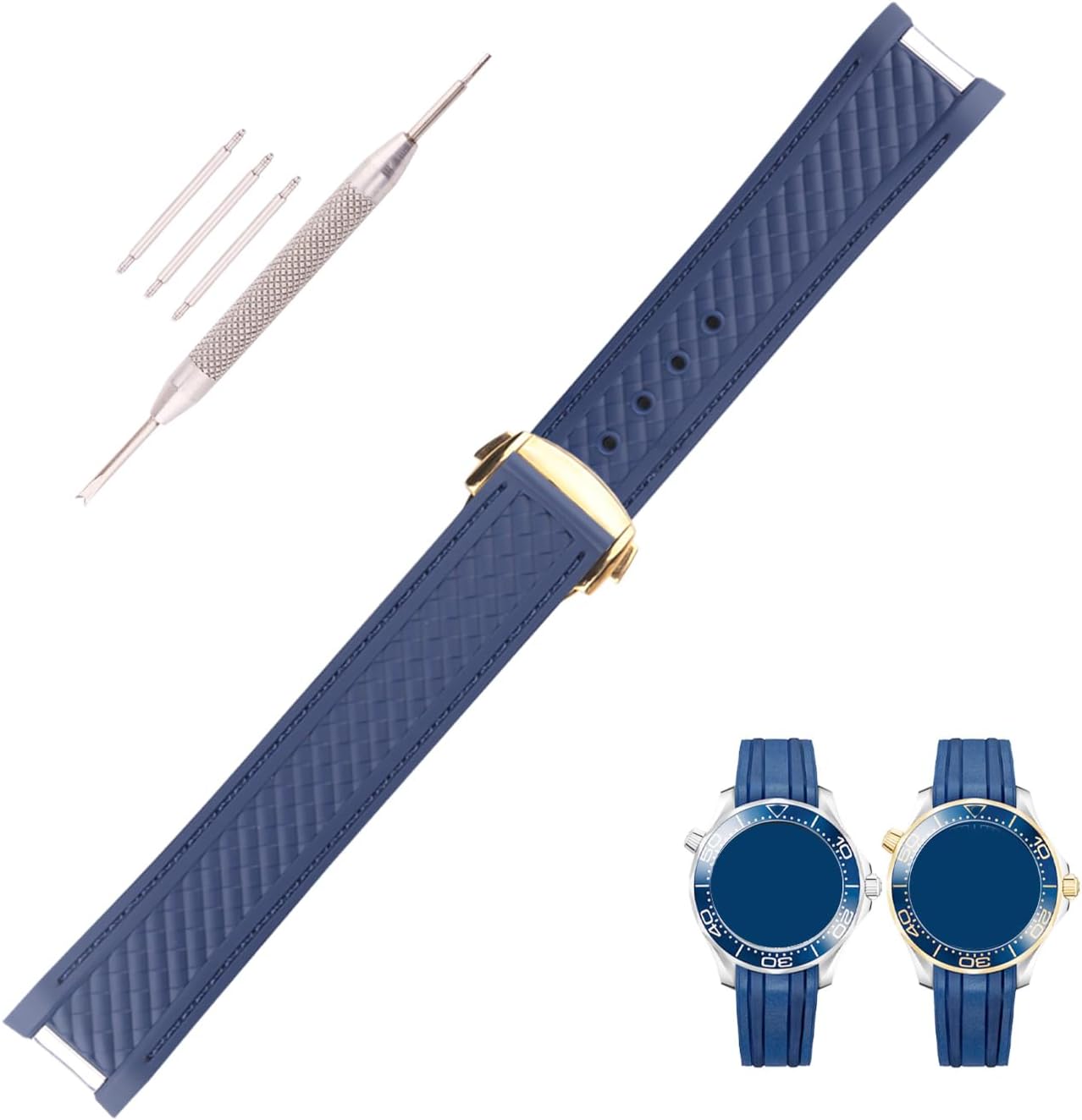 Rubber Watch Band replacement Omega Seamaster diver 300 300m Speedmaster aqua-terra 150m AT150 Moonwatch Professional Silicone Strap Wirstband for Men and Women with Curved End Steel Buckle Blue/Gold