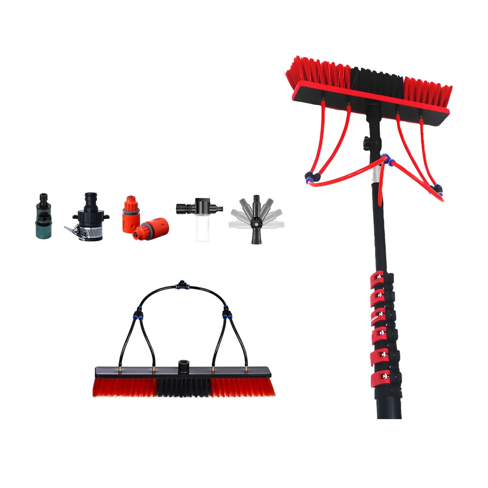 Carbon Fiber Telescopic Pole 40ft 12.2M with 550mm 4-Outlet Brush for High Reach Exterior Cleaning Solar Panel Window Washing System Professional Cleaning Equipment(7.3M)